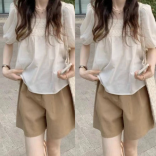 여성용 스퀘어넥 반팔 블라우스