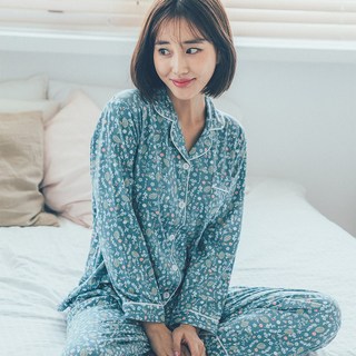 디에스도씨 여성용 피치기모 긴팔 플라워 카라 잠옷 상하의 세트