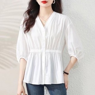 지디오 여성 정장 셔츠 브이넥 퍼프 7부 소매 블라우스