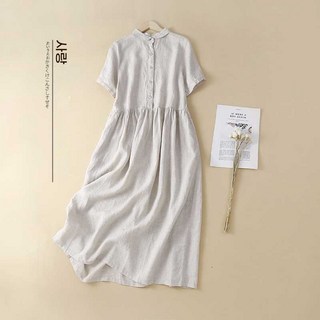 ANYOU원피스 반팔 싱글 루즈핏 롱 면 마 원피스