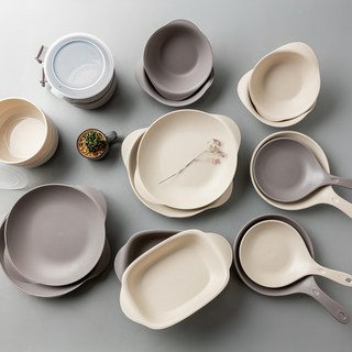 Ahtty home All the plate碗盤組, 1組, 乳白色+灰色, 碗 4入+盤子 4入+義大利麵碗 2入+手柄盤 4入+麥片碗 2入+蓋子 2入