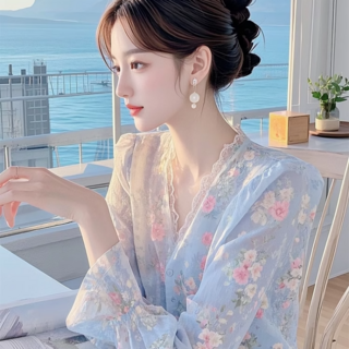 JIEVE 여자 여름 프렌치식 고급스러운 블루 플라워 긴팔 시폰 블라우스 시크 멋스러운 상의 SZ052139