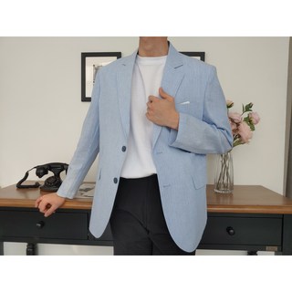 남자 여름 면 캐주얼 스트라이프 재킷 하늘색 컬러 결혼식 하객룩 3color B.D.VERITY(베리티)