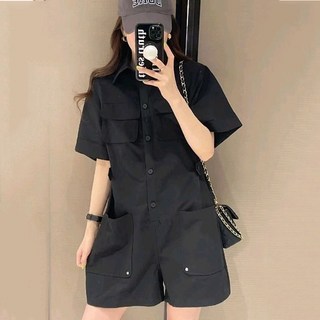 일체형 캐주얼 점프슈트 여성 여름 워크 쿨한 멋진 버튼 순색 패치 반팔 편한 기질의 청순한 얇은 바지 옷