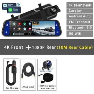 자동차 DVR 카플레이 안드로이드 자동 GPS 5G 와이파이 AUX 스트림 백미러 대시캠 카메라 드라이브 녹음기 FM 10 인치 4K 3840x2160P, 3) 4K-10M 1080P, 1개
