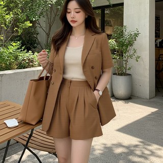 린넨 여성 투피스 반팔 더블 버튼 자켓 반바지 세트 숏팬츠 셋업