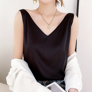 AOKADA 여성 새틴 나시티 브이넥 민소매 나시