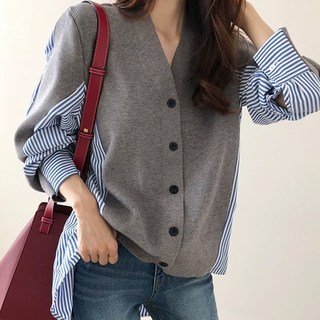 바이미니 브이넥 스트라이프 니트 배색 남방