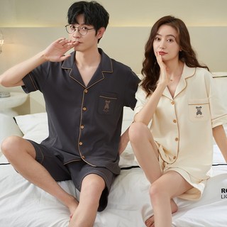 ANYOU 곰돌이 커플잠옷세트 커플용 파자마 순면 체크 홈웨어 여성잠옷 남자잠옷