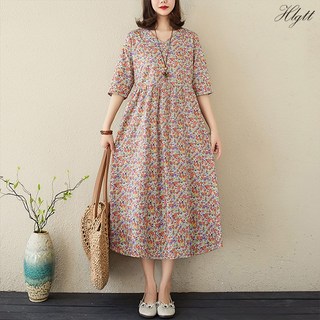 헬리꽁땡 여성용 여름 플라워 잔꽃무늬 롱 원피스 반팔 빅사이즈 (55~88까지)