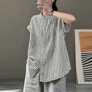 여성 편안한 면마 블라우스 데일리 라운드넥 반팔티셔츠 캐주얼 채크 패션 린넨 상의