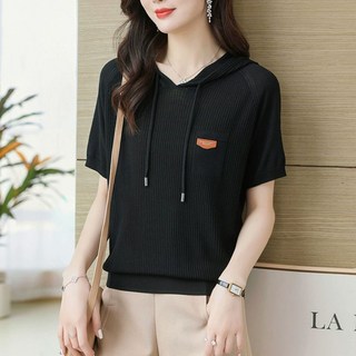 ROYALBELLE 여성 레이온 반팔 티셔츠 패션 루즈핏 슬림 후드 니트 티셔츠 D0031727