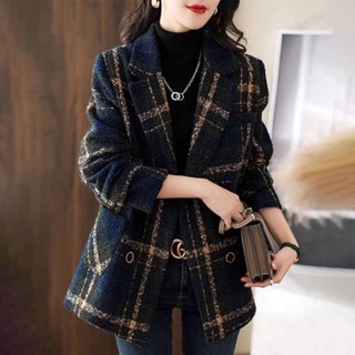 [웨일쓰]여성 카라넥 체크 고급 모직코트 루즈핏 가을 겨울 핸드메이드 하프 캐주얼 반코트 빅사이즈 하프 코트 하객룩 출근룩