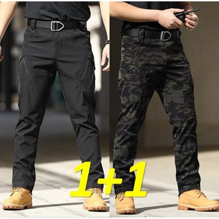 1+1(2벌) IX9 스판 전술바지 남자 카고팬츠 작업복 건빵 일자 오토바이 바지 빅사이즈, 34(L), IX9(블랙+밀리블랙)
