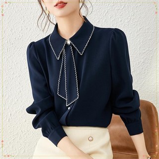 Gradle 여성 쉬폰 타이블라우스 빈티지 레귤러핏 폴로 버튼입체장식 디자인 블라우스 긴팔 시폰 셔츠 이너상의 여성스러운 스타일블라우스 A18