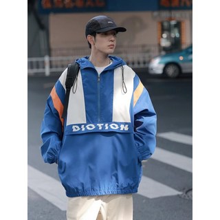 COSYEVNO 봄가을 남자 후드티 패션 루즈핏 접합 날염 작업복 바람막이 재킷
