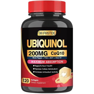 DRFOSTER Coq10 유비퀴놀 200mg Coq10 200mg 소프트젤 비타민 E 및 PQQ 및 흑후추가 함유된 최대 흡수 유비퀴놀 심장을 위한 강력한 항산화 물질, 120정, 1개