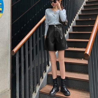 Kingfishe여성 레더 5부 반바지 봄겨울 베이직 하이웨스트 가죽 핫팬츠 g2KOBO
