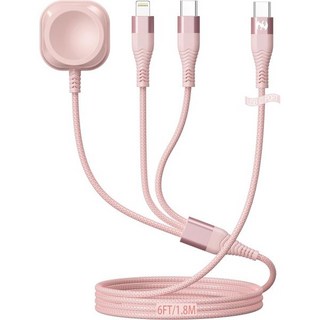 애플 워치 충전기 다중 충전 케이블 6피트 나일론 브레이드 USB A 포트에서 라이트닝 타입 C 아이워치 자기 무선 3in1 충전선 아이폰 안드로이드 폰 및 아이워치용, USB-C PORT, 6ft Red Pink, 1개