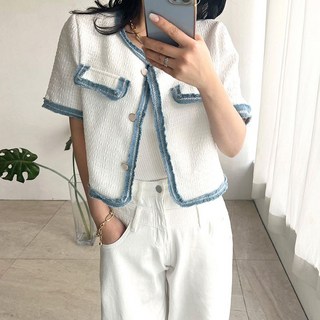 네모엔룩 라인청트위드 노카라 여름 메쉬짜임 데님삥줄 장식 라운드넥 반소매 숏 자켓