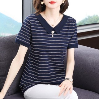 JIEVE 스트라이프 반팔티 여성 빅사이즈 블라우스 루즈핏 상의 SG061467