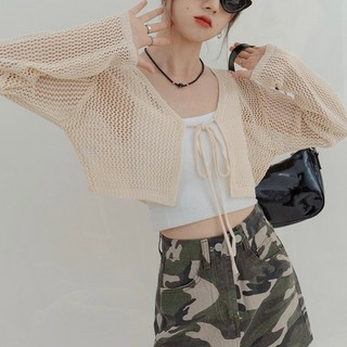 PETITBATH 여름 시스루 메쉬 니트가디건 도트리본 슬립 크롭 세트 여성용 캐주얼 바캉스룩 WH 3679