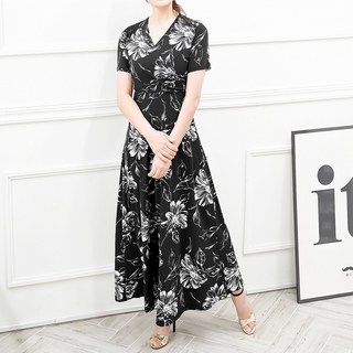 빅사이즈 랩스타일 브이넥 A라인 반팔 롱원피스 V넥 플레어원피스