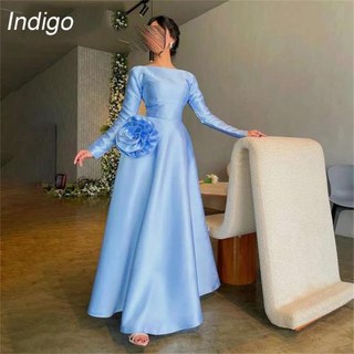 Indig 무도회 드레스 A라인 긴 소매 O넥 플리츠 발목 길이 새틴 우아한 격식 있는 파티 이브닝 가운 여성용