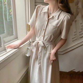 크레스티 루즈핏 싱글버튼 카라 롱원피스 캐쥬얼 데일리 벨트 원피스