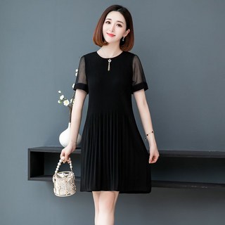 ROYALBELLE 여성 라운드넥 반팔 빅사이즈 우아한 쉬폰 플리츠 미디 루즈핏 원피스 K052823