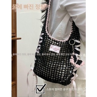 실버네트백뜨기 네트백diy 메탈실가방, 리본형 검정 숄더백 내부 포켓 포함, 1개