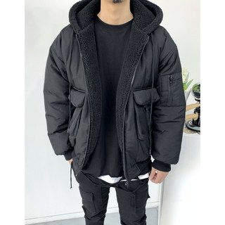 남자 오버핏 멀티포켓 테크웨어 패딩 양털 후드 항공점퍼