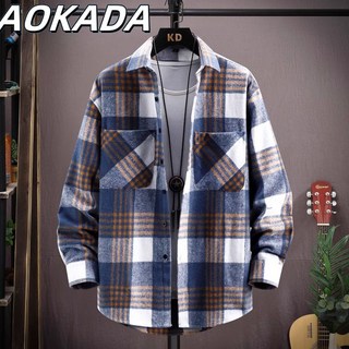 AOKADA 남자셔츠 빅사이즈 멋진 체크 셔츠 남성용 봄가을용 캐주얼 루즈핏 긴팔 셔츠 3색