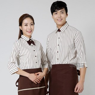 인폼 베이지커피줄 스판 칠부셔츠