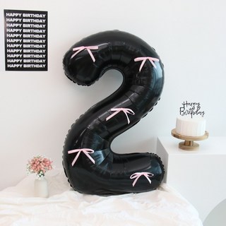 이벤트홀릭 숫자풍선 대형 리본 생일파티용품, 2, 1개, 블랙(핑크 리본)