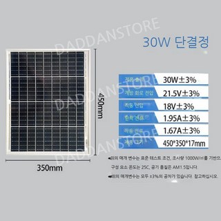 250W 태양광 판넬 주택 베란다 솔라 태양광패널 패널 캠핑용 휴대용, 30W 단결정(460x350mm), 1개