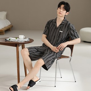 ANYOU 남성용 카라 반팔잠옷 셔츠형 순면 홈웨어 파자마세트