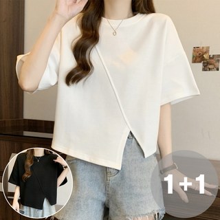 지디오 여성 반팔 언발란스 컷 티셔츠 여름 루즈핏 라운드넥 반팔티 1+1 2P