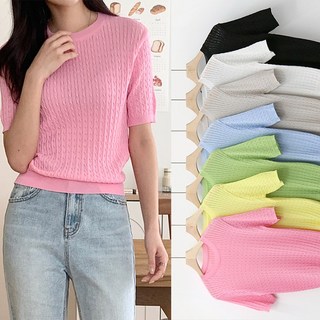슬림 꽈배기 라운드 반팔니트 봄여름 데일리룩 TH