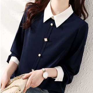 네이비 카라넥 긴팔 블라우스 데일리 출근룩