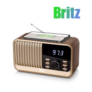 브리츠 BZ-JE100 레트로 블루투스 스피커 무선 충전기 라디오 탁상용 알람 시계 TF USB 올인원 모던 감성 카페 침실 Type-C 우드 충전 패드