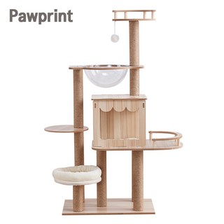 Pawprint 캣타워 대형 원목 고양이 타워 3단 구조 안정적 설계 고양이 스크래처 및 숨숨집 포함 실내/아파트/다층 구조 적합 성묘 및 새끼 고양이 모두 사용 가능, 1개