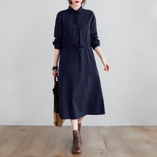 여성용 빅 사이즈 스트링 조임 면 마 원피스 긴팔 셔츠 원피스 F808 Women's Dress