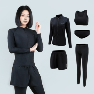 오로라선데이 여성 올블랙 집업 래쉬가드 5종 세트 슬림핏, XL