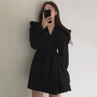 TKX 미니 원피스 여성 가을 겨울 캐주얼 코튼 브이넥 러플 롱슬리브 드레스 KD97