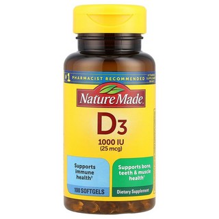 Nature Made 비타민D3 25mcg(1 000IU) 소프트젤 100정 Made (네이처 메이드), 1000 IU, 1개