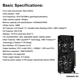 YESTON 그래픽 카드 게임 비디오 RGB 컴퓨터 데스크탑 GPU RX6800XT RX 6600 6650 XT 6750 6500 GDDR6, [04] RX6500XT 4G