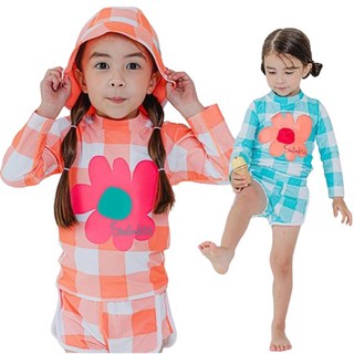마리나 아기 유아 여아 수영복 긴팔 체크 래쉬가드 상하세트