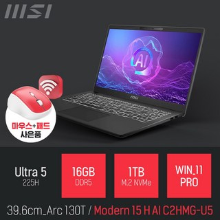 MSI 모던시리즈 모던 15 H AI C2HMG-U5 [무선 마우스 & 패드 증정], WIN11 Pro, 16GB, 1TB, 블랙