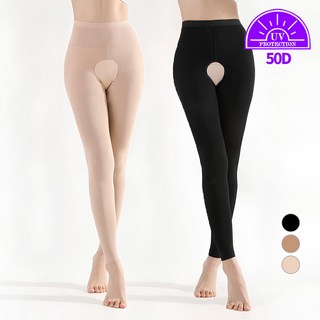 그레힙 봄 가을 1+1 50D 여성 밑트임 골프 스타킹 무발 UV 자외선 차단 레깅스, 1세트, 스킨+블랙